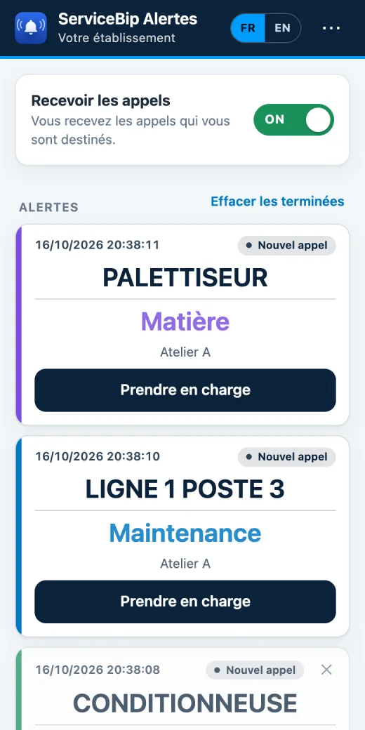 Chaîne de production : application ServiceBip Alertes sur téléphone